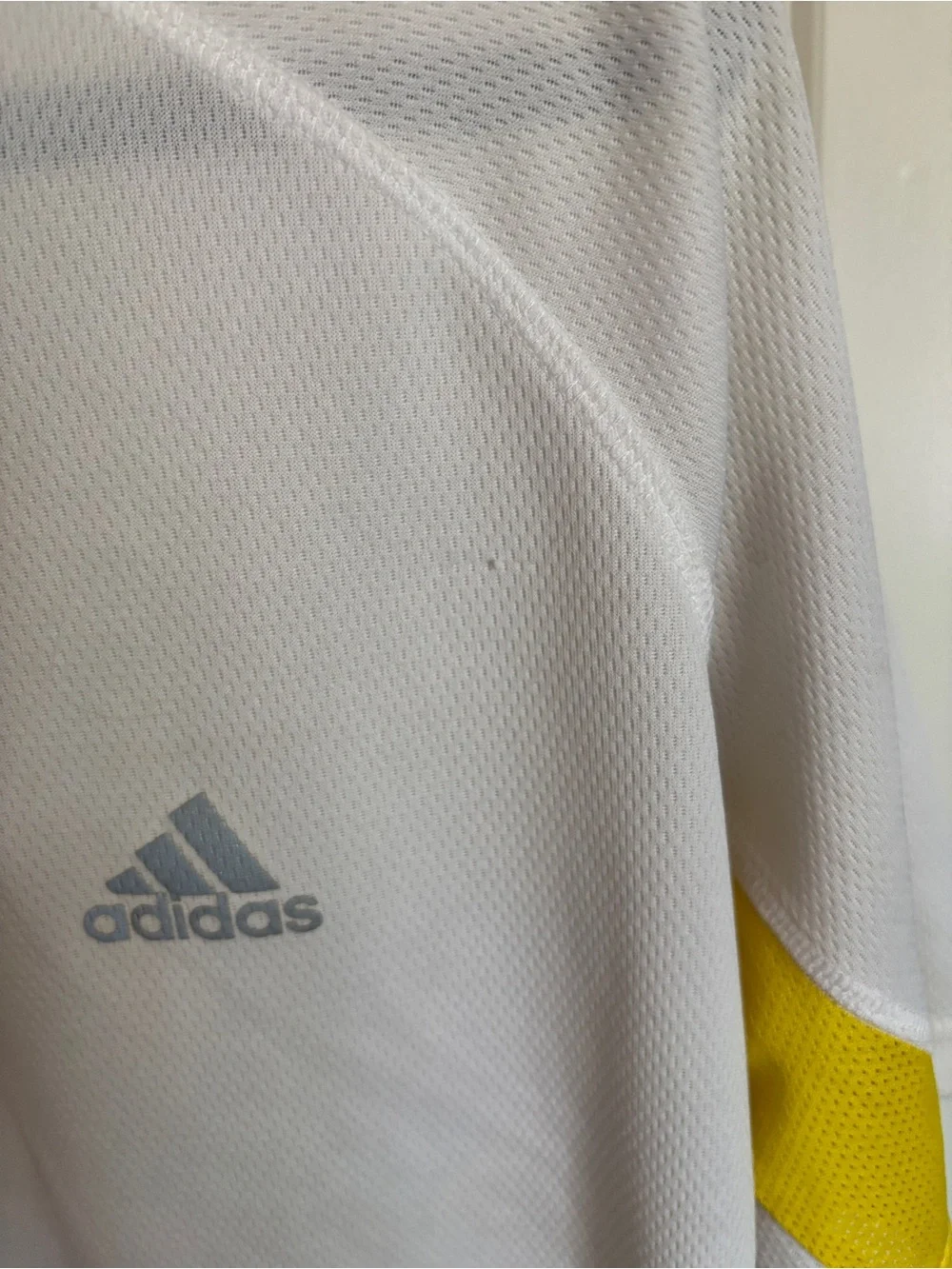 adidas Clima Cool Men’s White Short-Sleeve Athletic Tee with Yellow Accents